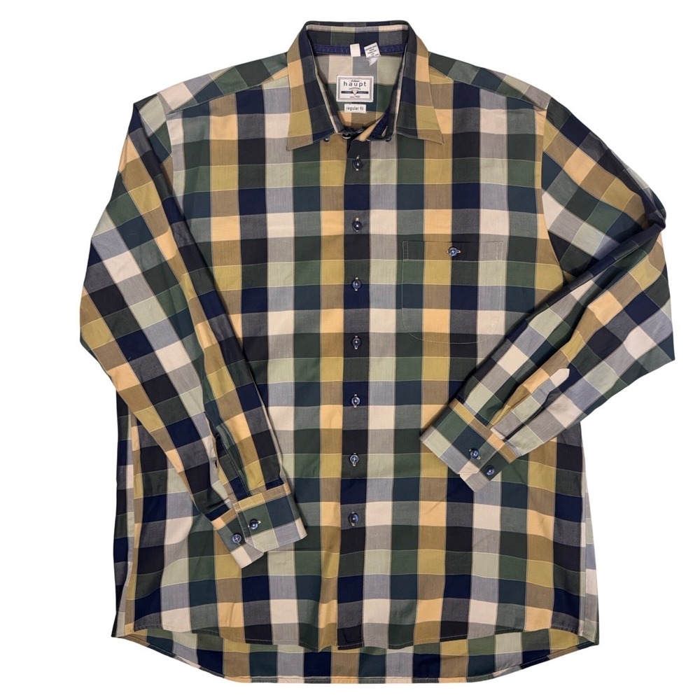 Haupt Germany Mens XL Gingham Plaid Button Down Long‎ Sleeve Shirt Green Yellow